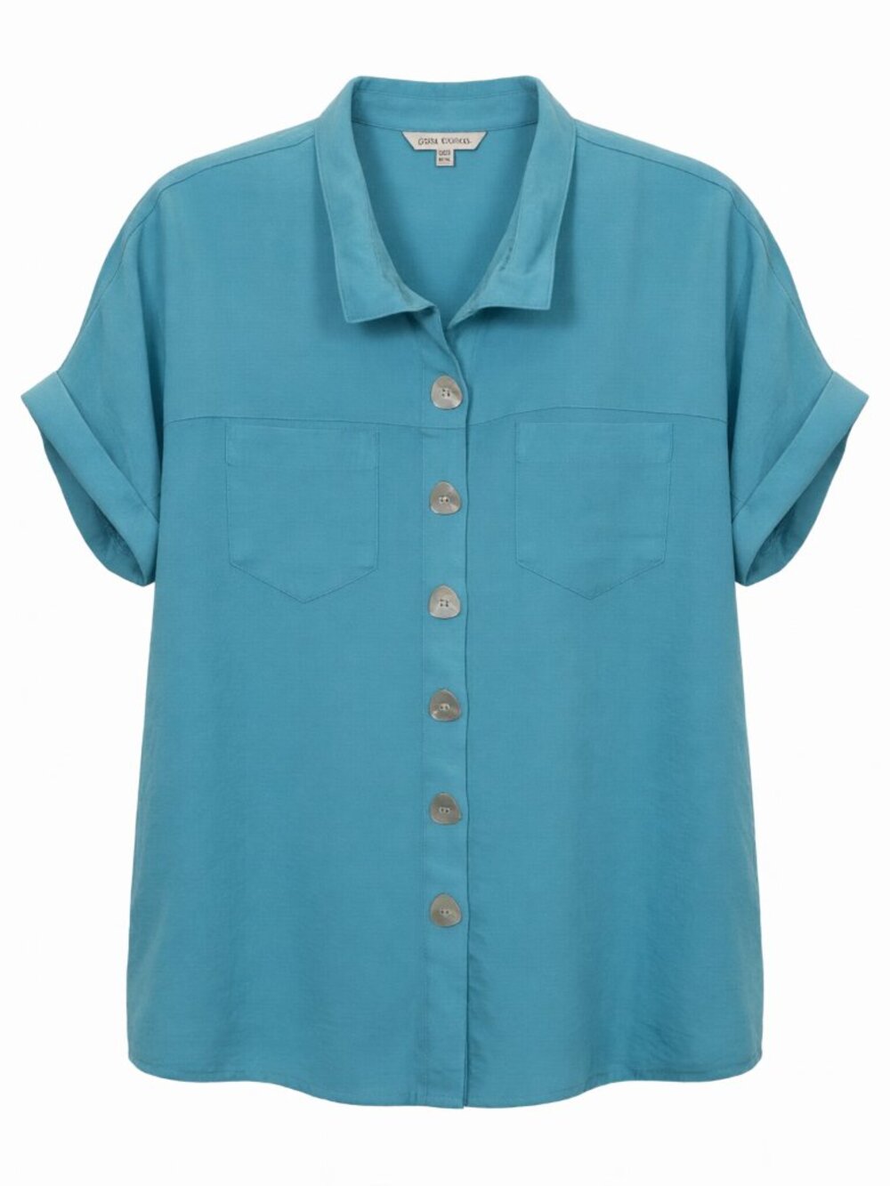 John Mark Women's Button-Up Collared Short Sleeve Shirt Size PM Blue Rayon Blend